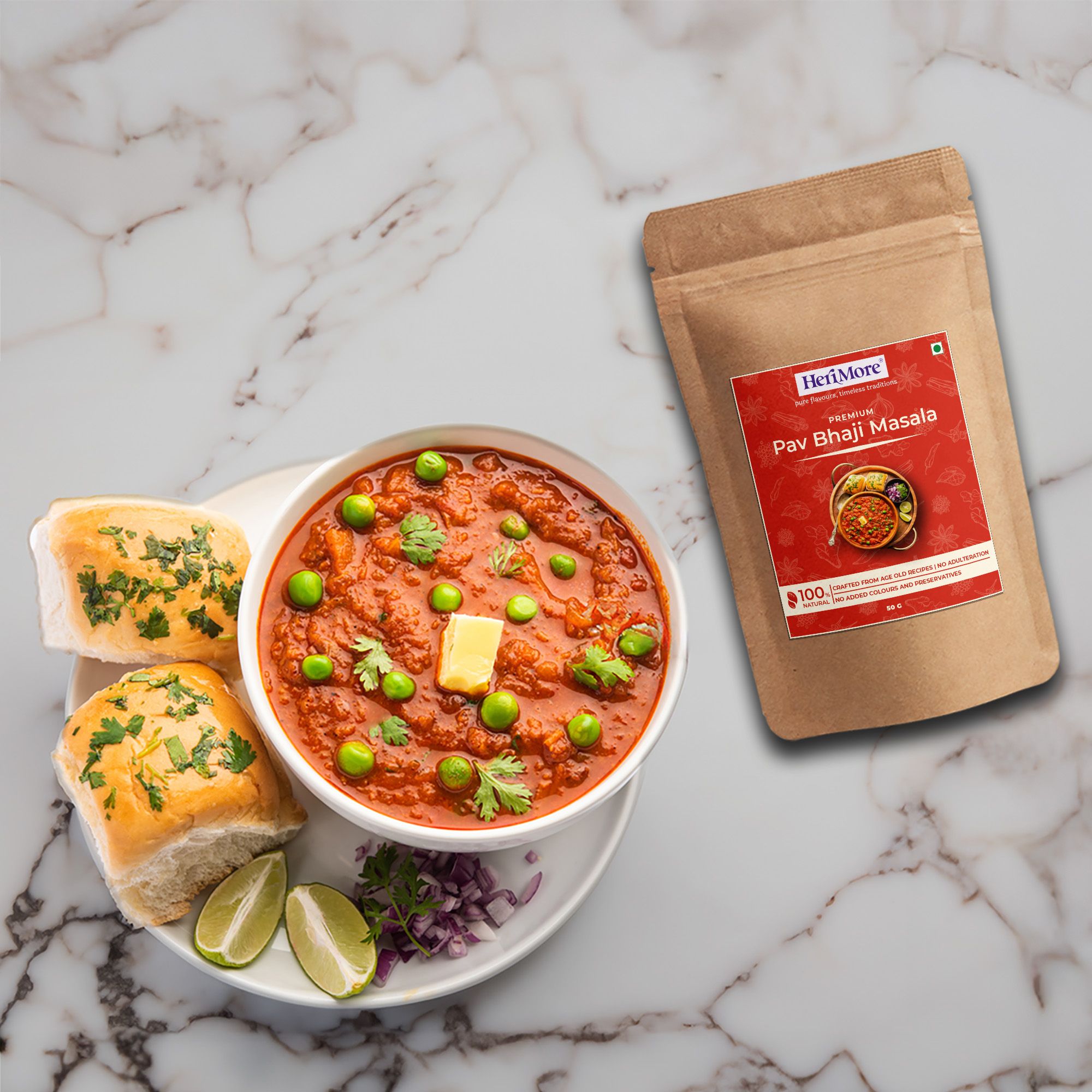 HeriMore Pav Bhaji Masala, Authentic Mumbai Flavor, 50g