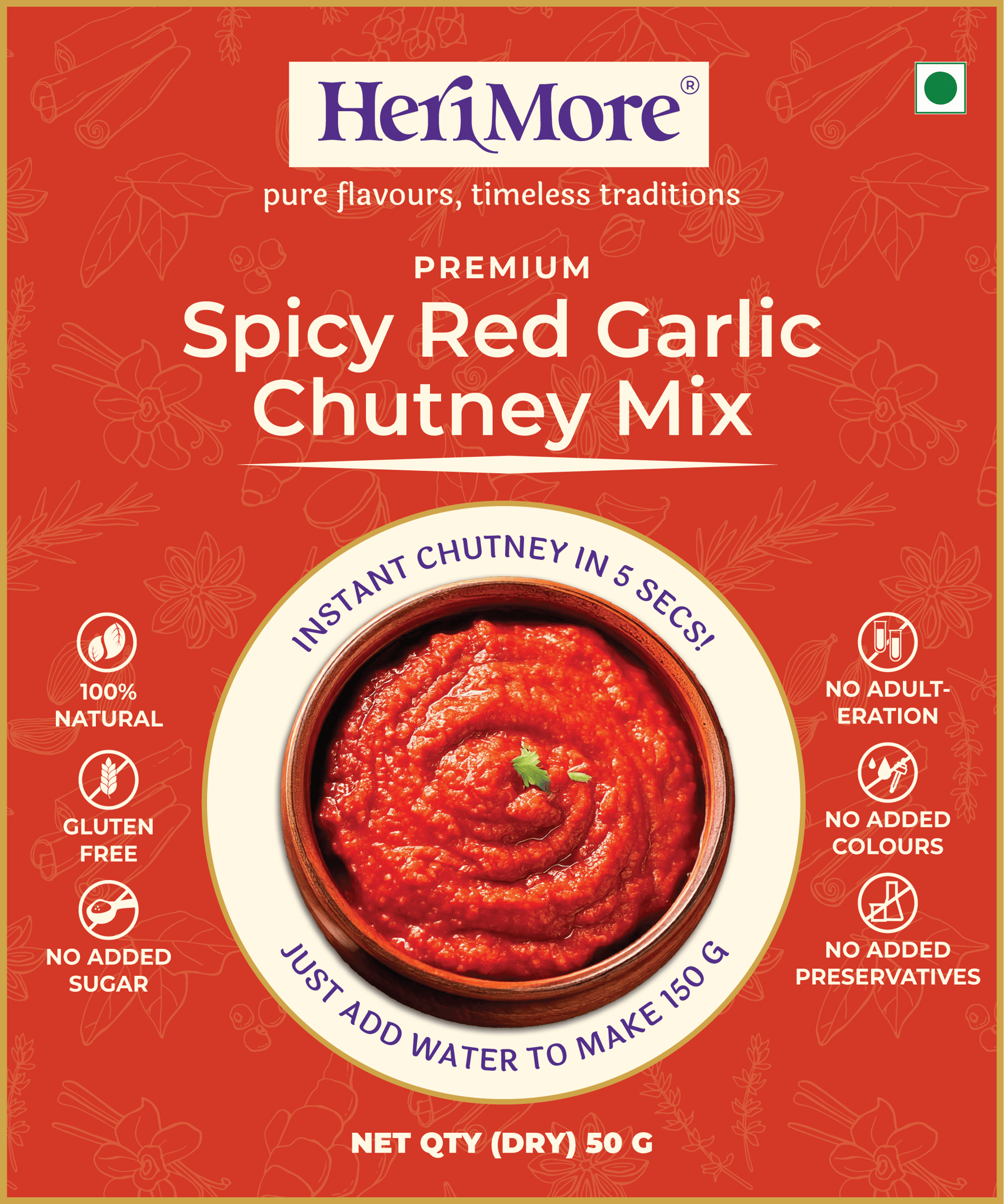 HeriMore Spicy Red Garlic Chutney Mix - Instant Dip 50g