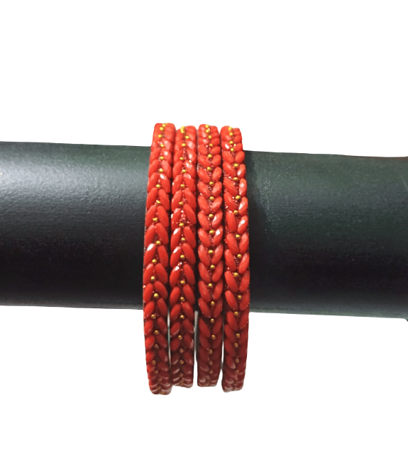 Vibrant Red Beaded Silver-Toned Metal Bangle Set for Women