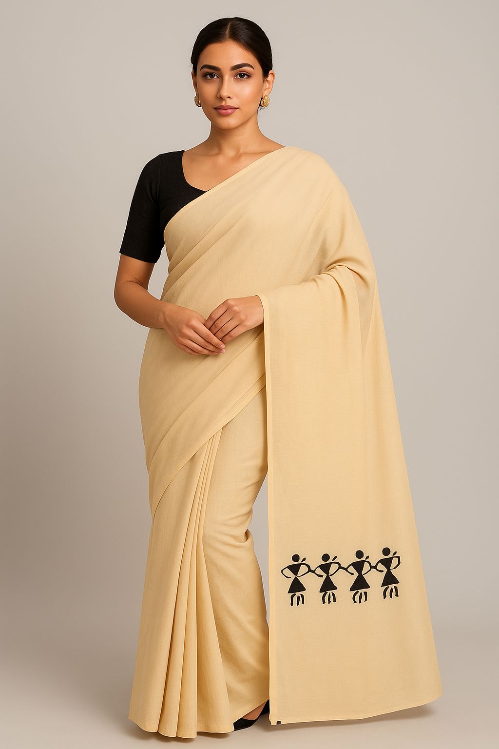 Nritya Beige – Chhipa Hand Block Printed Mulmul Saree
