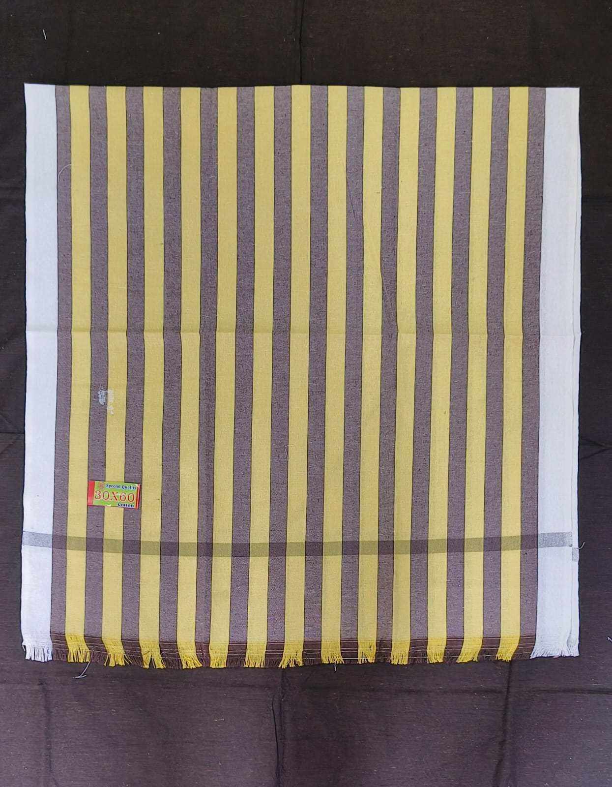 Yellow & Grey Striped Cotton Lungi Dhoti Fabric 30x60 Inches