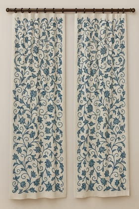 Floral Embroidered Beige & Blue Curtain Panels (Set of 2)
