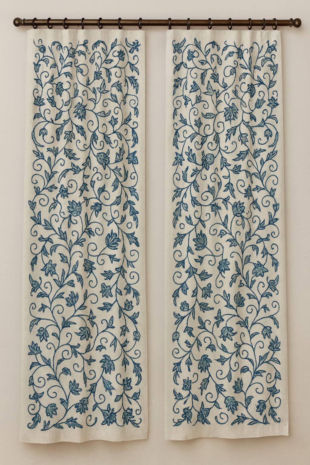 Floral Embroidered Beige & Blue Curtain Panels (Set of 2)