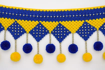 Royal Harmony Crochet Toran – Blue & Gold Beaded Door Hanging