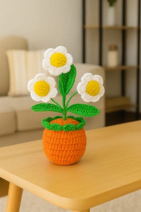 Handmade Crocheted Daisy Flower Pot Home Decor - Everlasting Floral Display
