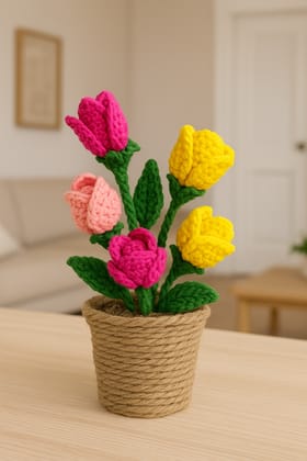 Handmade Crocheted Colorful Flowers in Jute Pot Decor