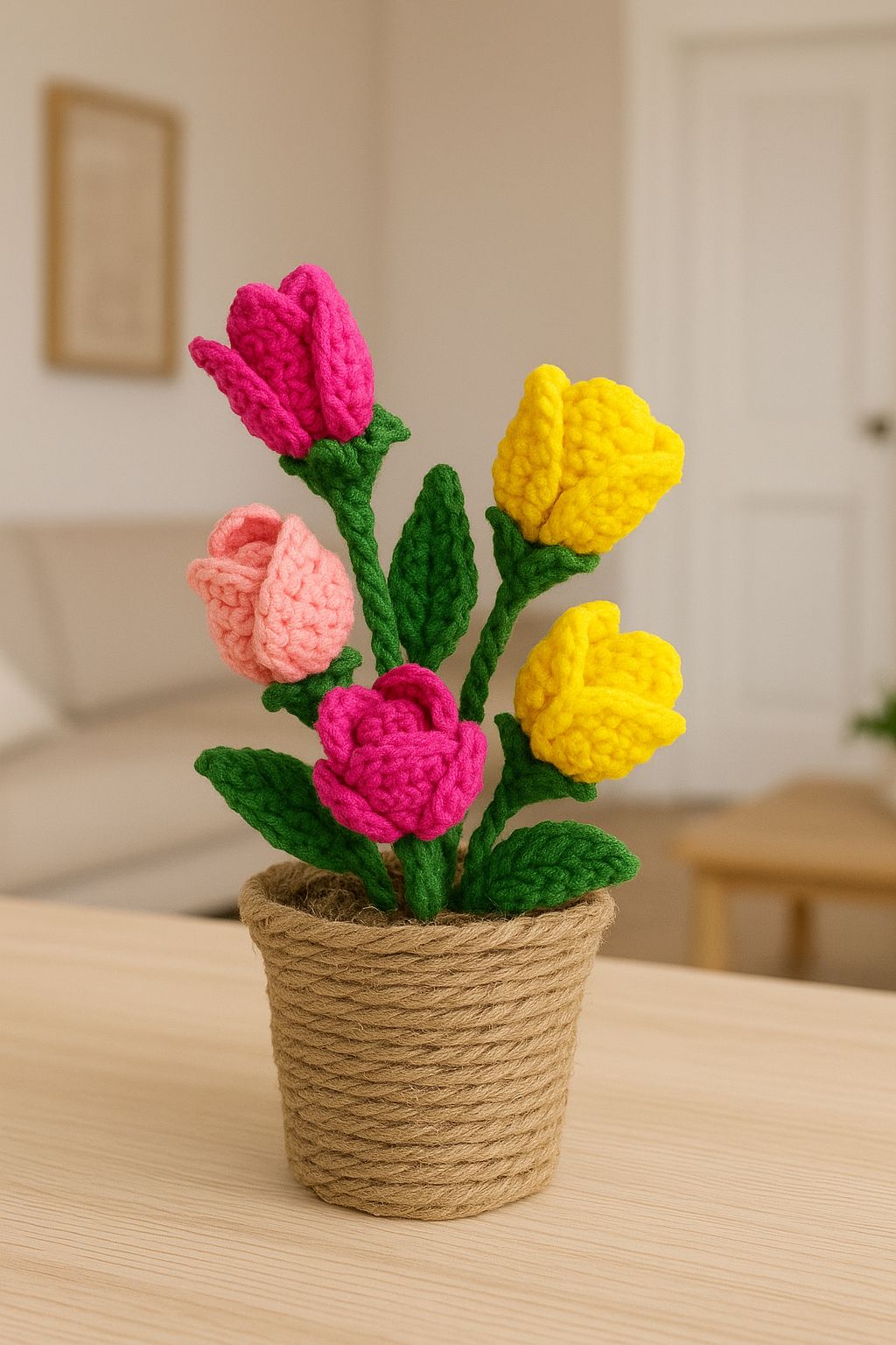 Handmade Crocheted Colorful Flowers in Jute Pot Decor