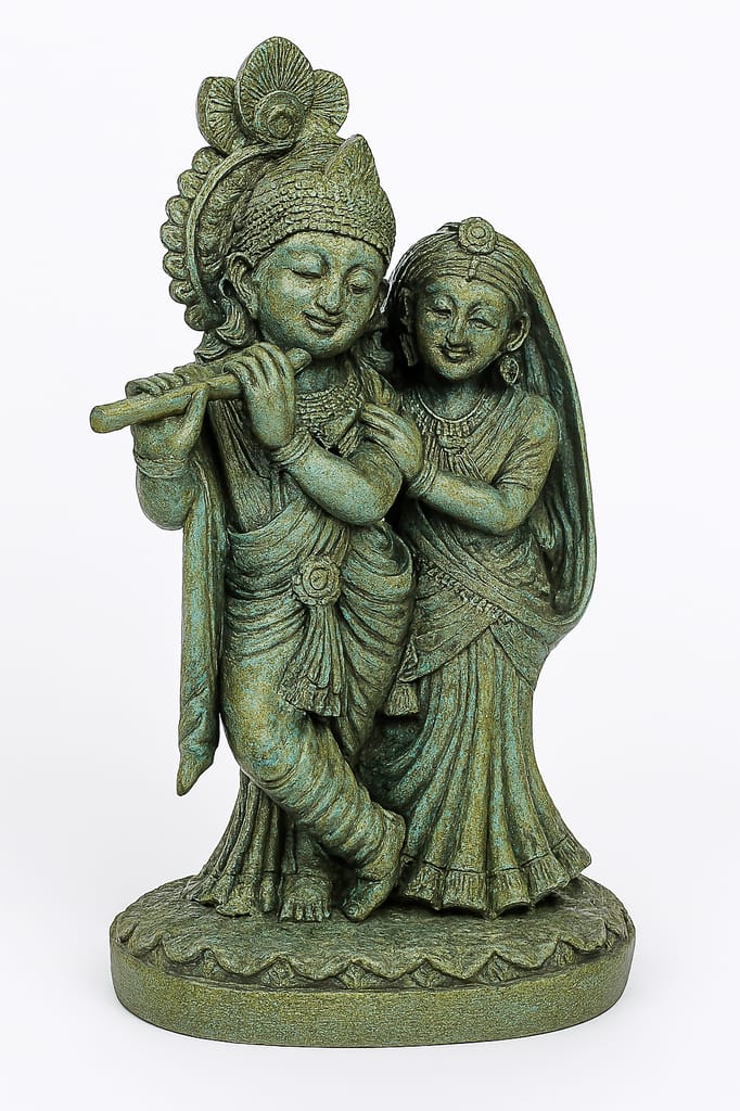 Radha Krishna Idol Statue | Divine Love Showpiece | Antique Green Finish