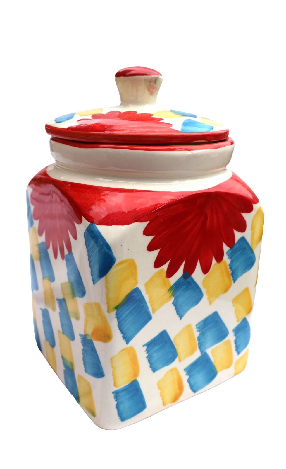 Hand-Painted Ceramic Storage Jar with Lid, Multicolor Floral & Geometric Design