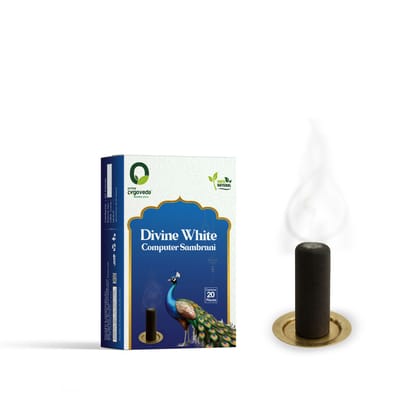 Prime Orgoveda Divine White Computer Sambrani | 100% Natural Organic Dhoop Sambrani | Long-Lasting Divine Fragrance for Meditation, Pooja, Yoga | Charcoal-Free Herbal Sambrani (Pack of 20 Pcs)