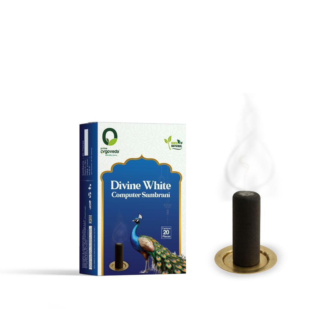 Prime Orgoveda Divine White Computer Sambrani | 100% Natural Organic Dhoop Sambrani | Long-Lasting Divine Fragrance for Meditation, Pooja, Yoga | Charcoal-Free Herbal Sambrani (Pack of 20 Pcs)