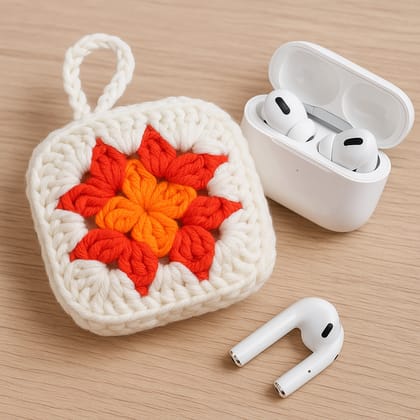 Handmade Crocheted Orange & Cream Granny Square EarPod Pouch