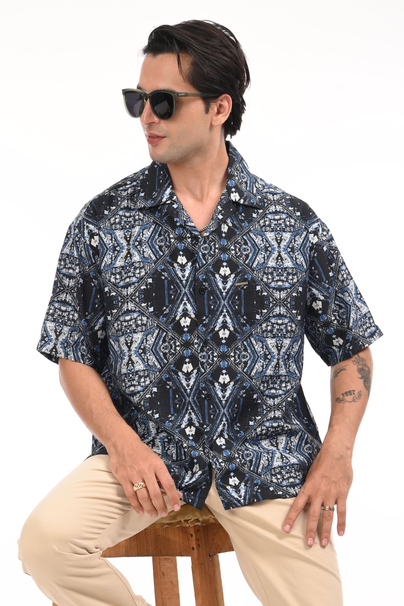 Aurora Ink Printed Blue Oversized Shirt-XL / Blue