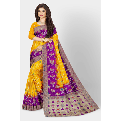 TheHangr Yellow Bandini Saree With Golden Weaving Work And Pink Border And Pallu TheHangr Yellow Bandini Saree With Golden Weaving Work And Pink Border And Pallu