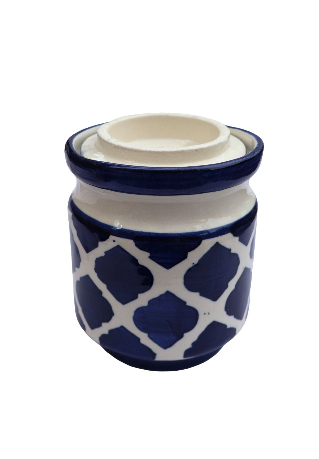 Handmade Blue & White Ceramic Storage Jar with Lid, Geometric Pattern