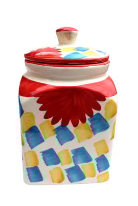 Hand-Painted Ceramic Storage Jar with Lid - White, Red, Yellow & Blue Pattern