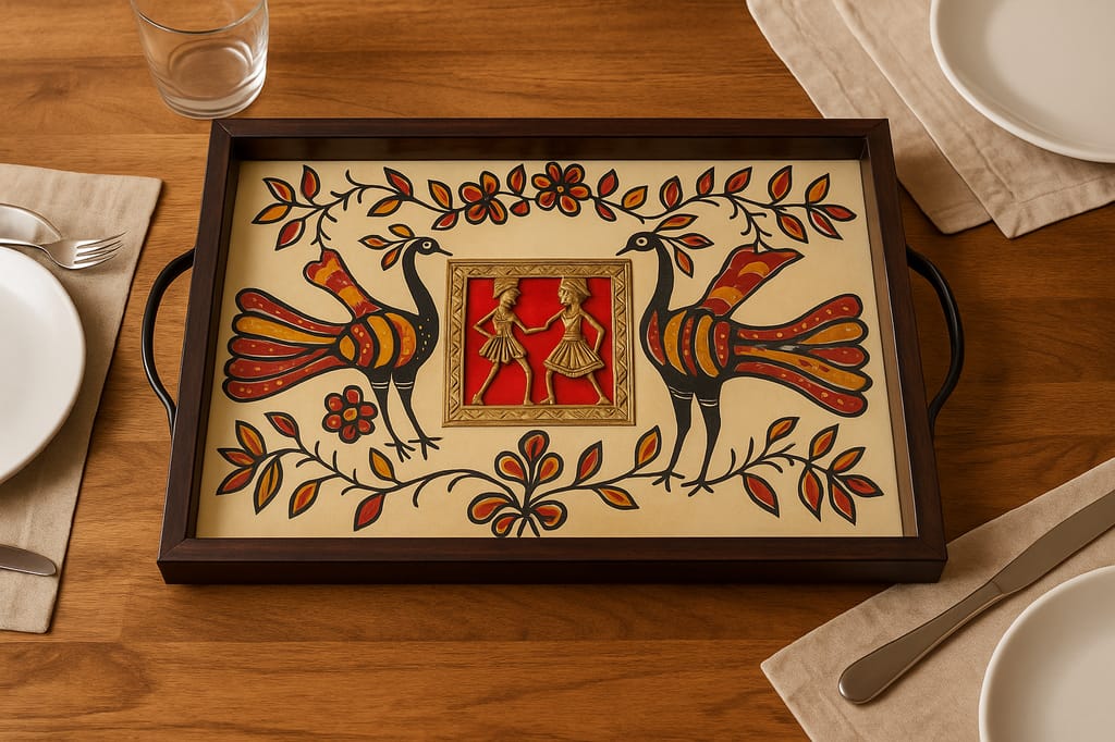 Hand-Painted Wooden Folk Art Decorative Serving Tray with Peacocks and Figures