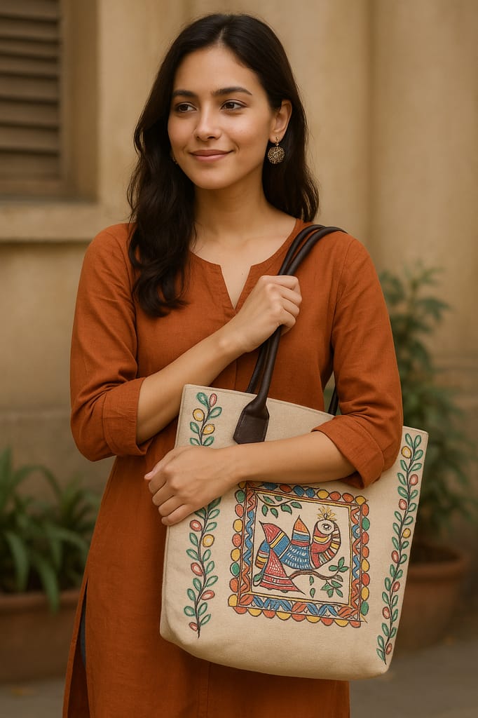 Hand-Painted Madhubani Art Beige Canvas Tote Bag with Faux Leather Handles