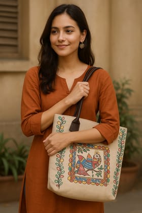 Hand-Painted Madhubani Art Beige Canvas Tote Bag with Faux Leather Handles Hand-Painted Madhubani Art Beige Canvas Tote Bag with Faux Leather Handles