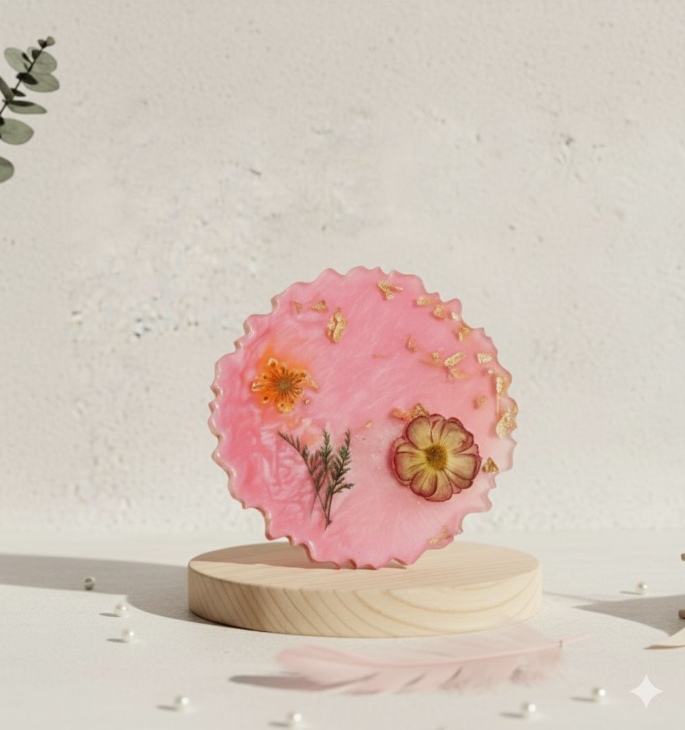 Artisanal Pink Resin Coaster with Dried Botanicals & Gold Flakes