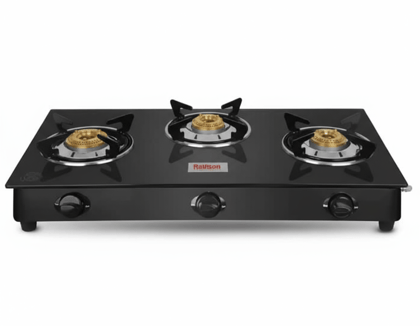 Rallison 3 Burner Gas Stove Glass Top Manual Ignition with ISI Certified Brass Burners and Toughened Glass Top, Black