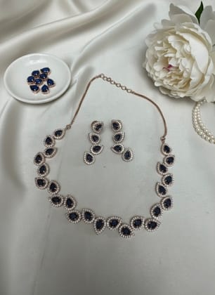 Elegant Blue Stone Rose Gold Polish Teardrop Necklace & Earring Set