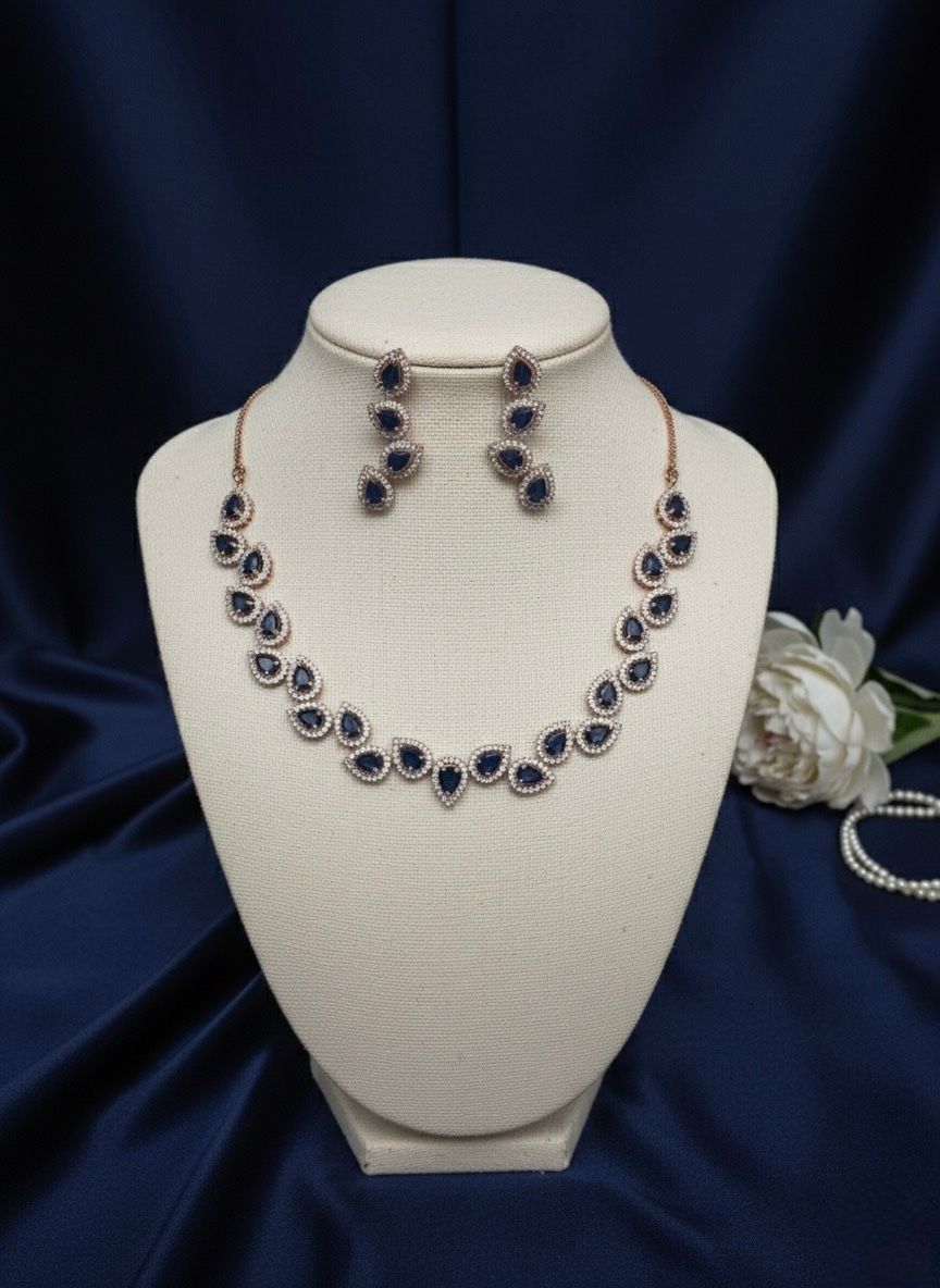 Elegant Blue Stone Rose Gold Polish Teardrop Necklace & Earring Set