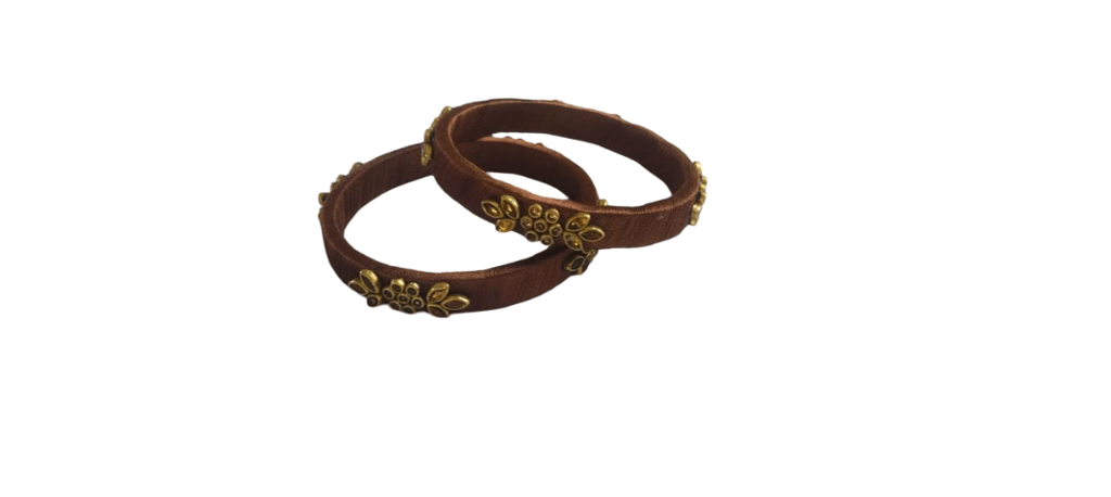 Elegant Brown Silk Thread Bangles with Floral Brass Embellishments (Pair)