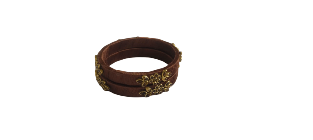 Elegant Brown Silk Thread Bangles with Floral Brass Embellishments (Pair)