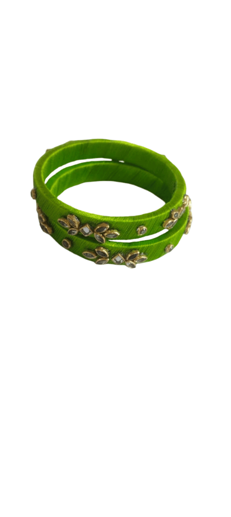 Traditional Green Thread Bangles with Gold Embellishments (Pair)