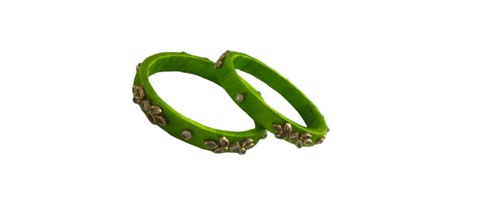 Traditional Green Thread Bangles with Gold Embellishments (Pair)