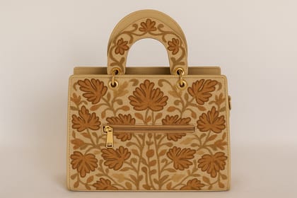Elegant Embroidered Beige Floral Handbag with Golden Accents Elegant Embroidered Beige Floral Handbag with Golden Accents