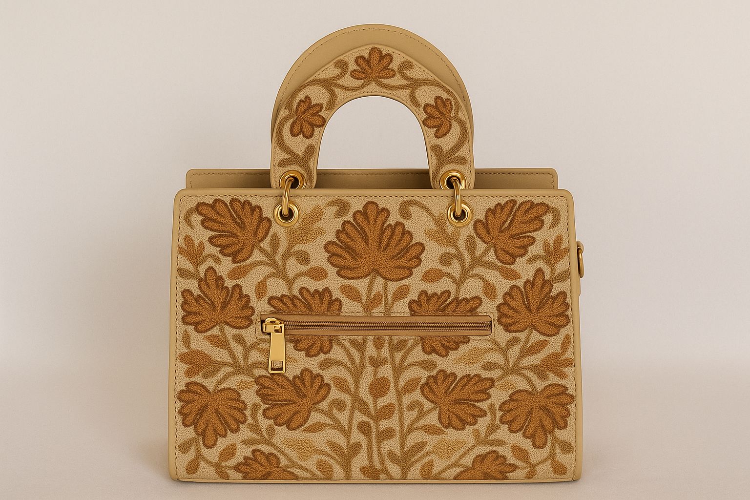 Elegant Embroidered Beige Floral Handbag with Golden Accents
