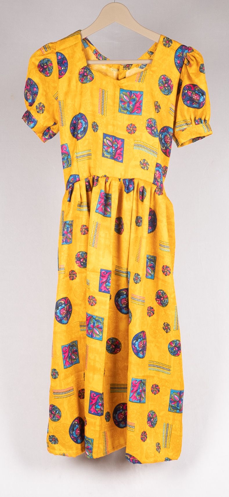 Vibrant Yellow Floral Printed Puff Sleeve Midi Dress for Women