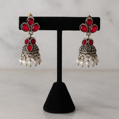 Antique Silver-Plated Oxidised Jhumka Earrings with Red Stone Embellishments