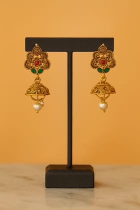 Traditional Golden Jhumka Earrings with Red Green Stones & Pearl Drop
