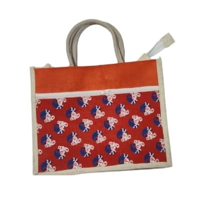 Eco-Friendly Jute Tote Bag with Animal Print & Orange Panel