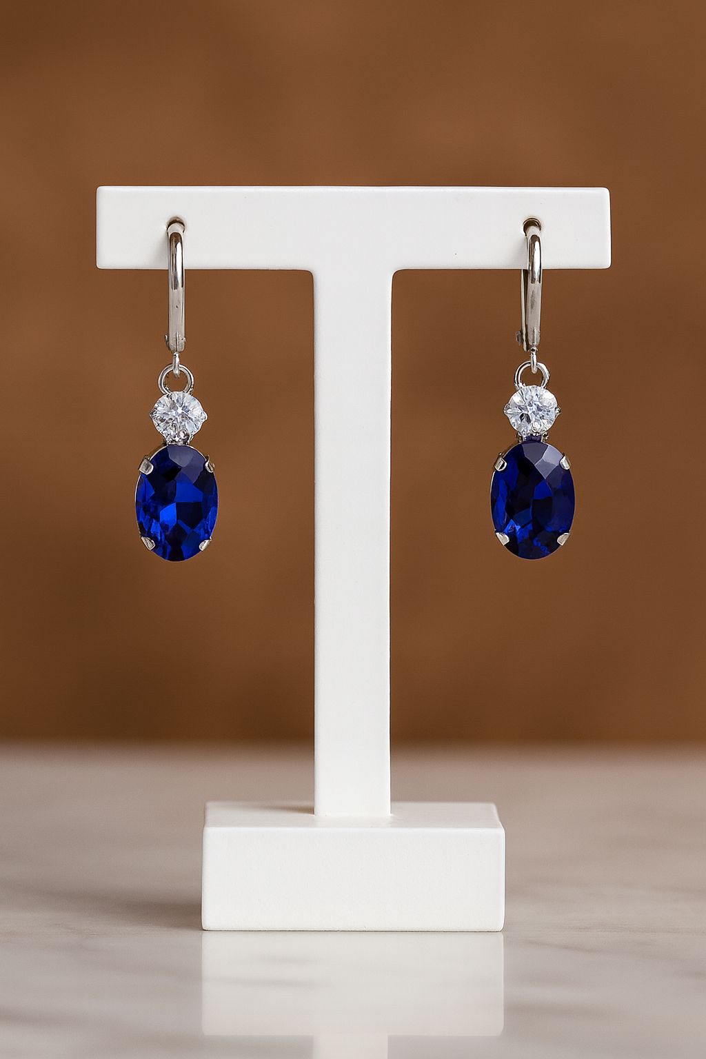 Elegant Oval Blue Stone and Cubic Zirconia Dangle Earrings