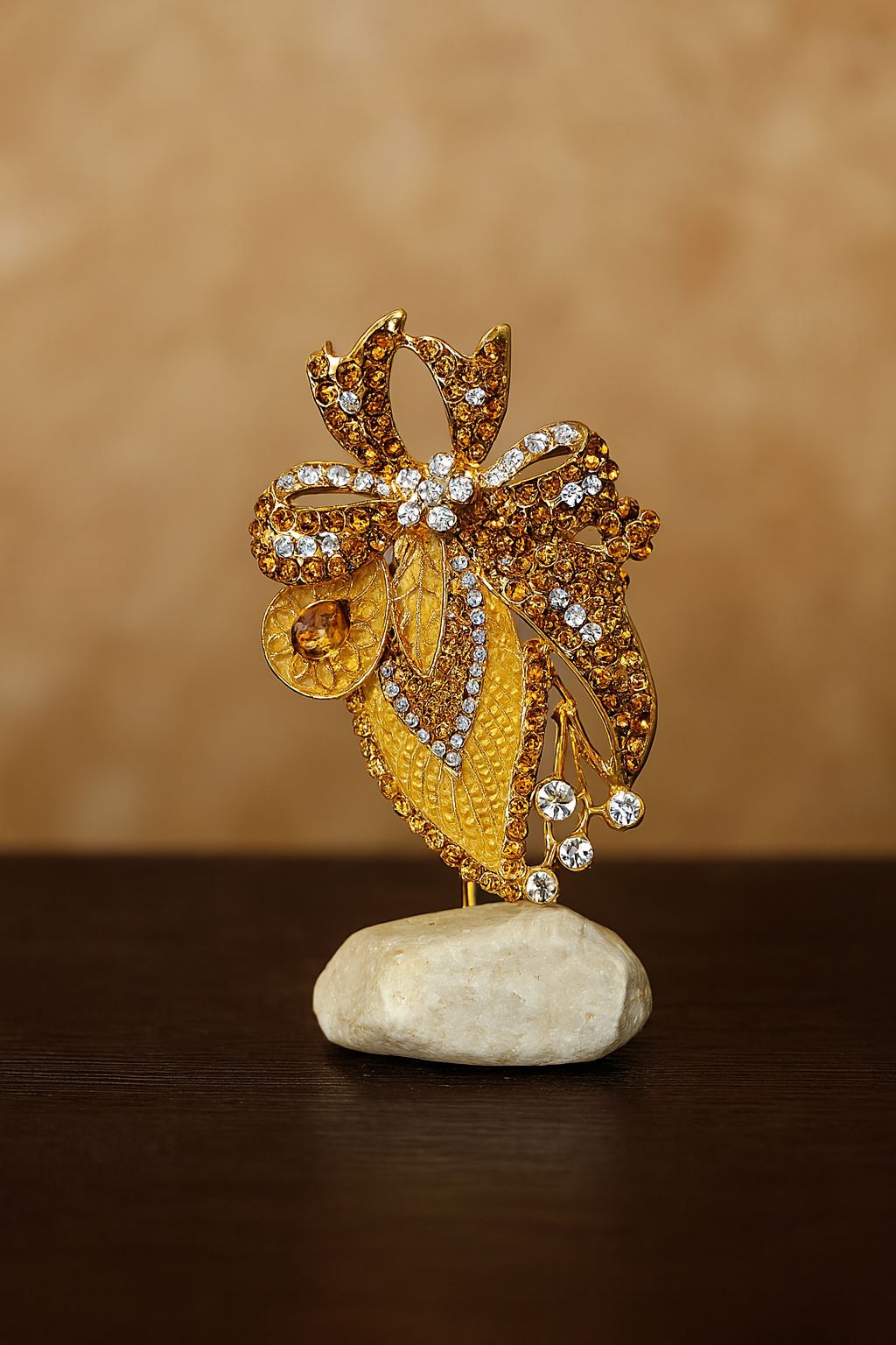 Elegant Gold-Plated Rhinestone Bow Tabletop Ornament with Stone Base