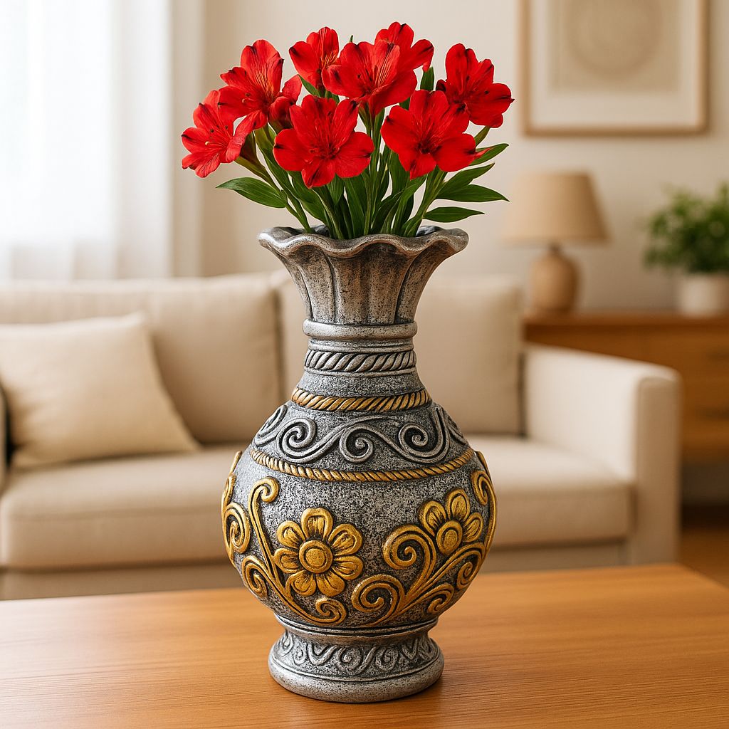 Ornate Grey & Gold Resin Floor Vase with Floral Motif - Home Decor Accent