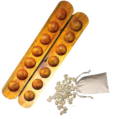 Pallanguzhi Game | Vamana guntalu Game | Mancala Board |Aliguli Mane for Kids & Adults | With 70 Seashells (Plain NeemWood 14 Pit)- LF2