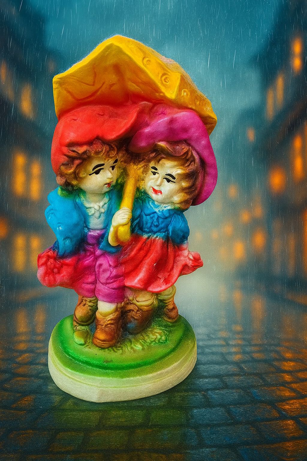 Charming Children Under Umbrella Figurine - Decorative Showpiece