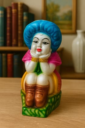 Vibrant Seated Lady Figurine with Blue Hair | Handcrafted Decorative Showpiece