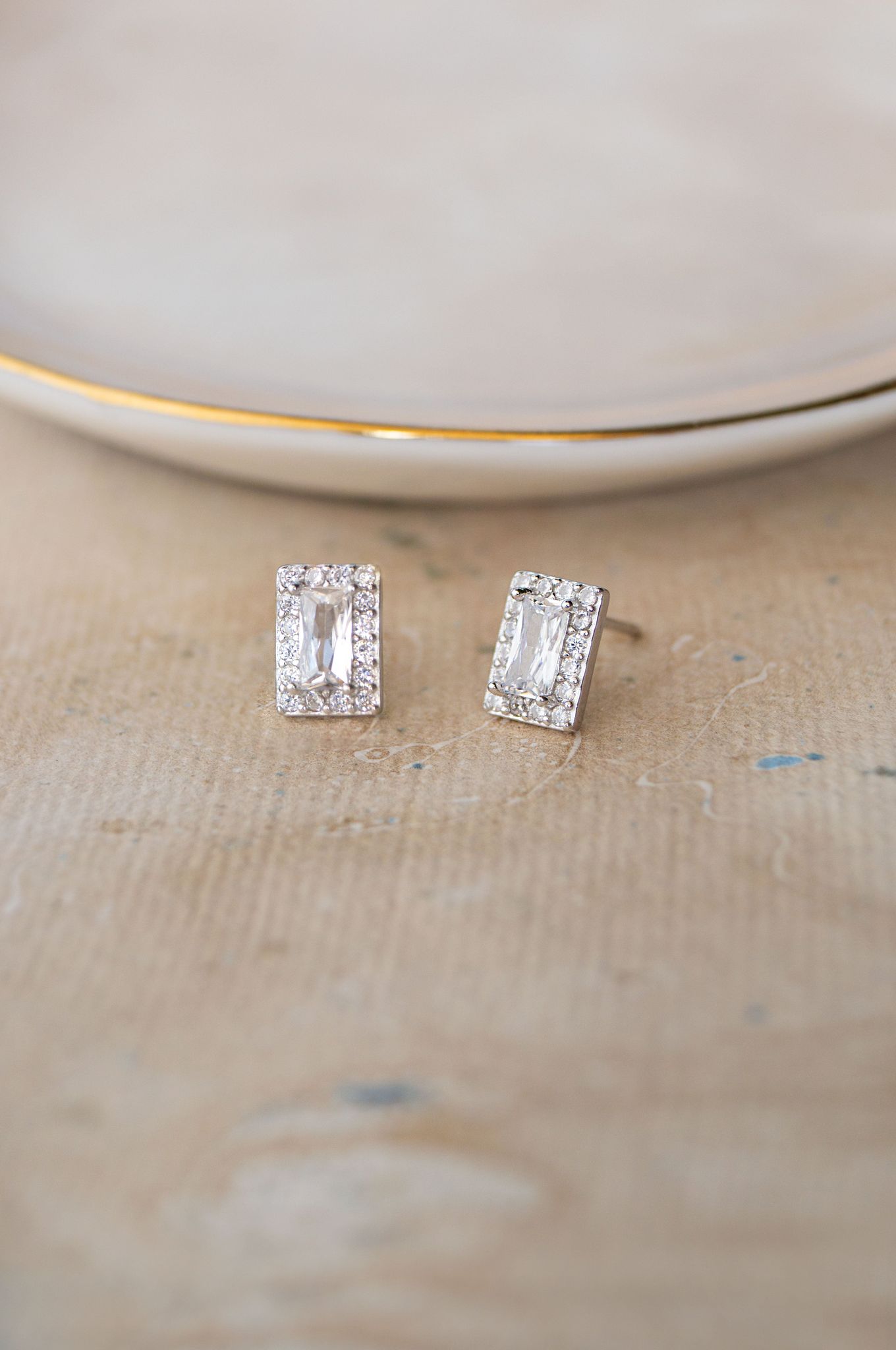 Mysterical Rectangle Solitaire Sterling Silver Stud Earrings-Silver