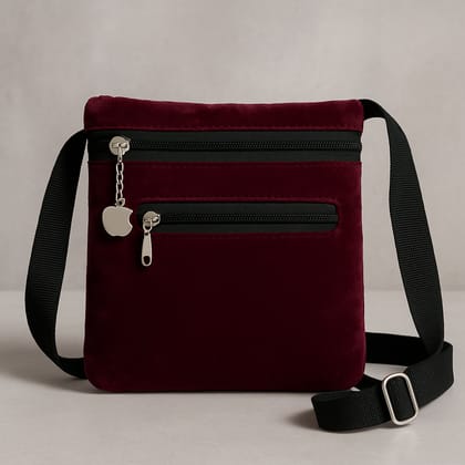 Chic Maroon Velvet Crossbody Bag with Multiple Pockets and Adjustable Strap