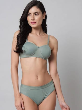 Women's Green Non-Wired B Cup Padded Bra & Hipster Panty Set