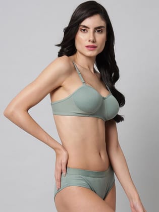 Women's Green Non-Wired B Cup Padded Bra & Hipster Panty Set