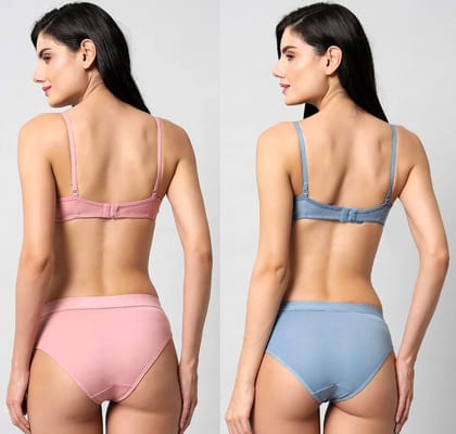 Women's B Cup Padded Everyday Bra & Panty Set - Pink & Blue