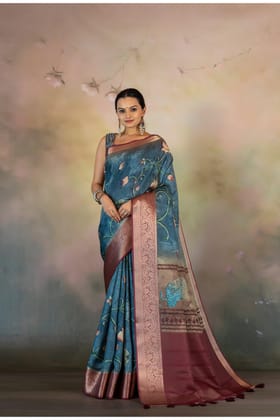 Blue Hand Kalamkari Print Jacquard Checks Saree