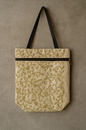 Elegant Embroidered Poly Silk Tote Bag with Gold Vine Design